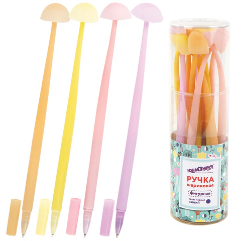 Ручка фигурная шариковая ЮНЛАНДИЯ "Гриб", КОМПЛЕКТ 12ШТ силиконовый корпус, ассорти, СИНЯЯ, узел 0,7мм, 143796