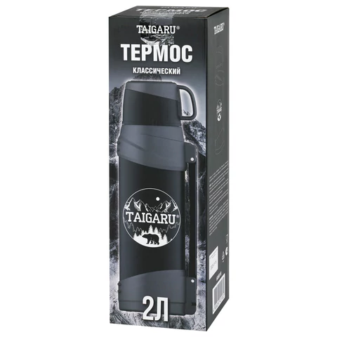 Термос классический, нержавеющая сталь 2 л, черно-серый, 2 кружки, ручка + ремешок, TAIGARU (ТАЙГАРУ), 608818 - МСК «Форвард»