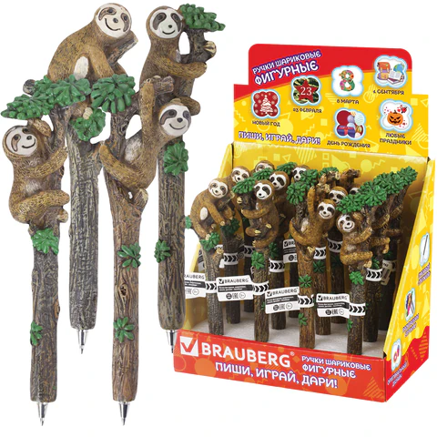 Ручка фигурная "ЛЕНИВЦЫ", КОМПЛЕКТ 12ШТ СИНЯЯ, 4 дизайна ассорти, 0,5мм, дисплей, BRAUBERG, 142762