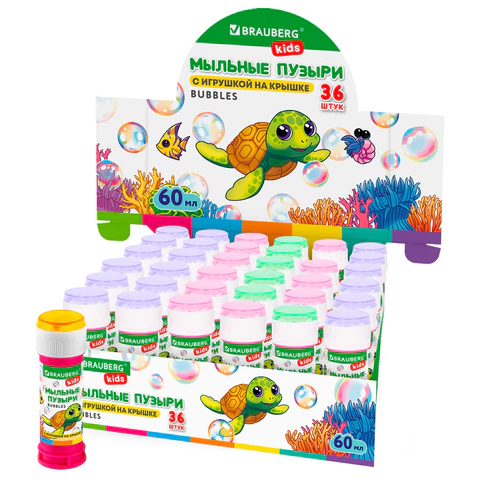 Мыльные пузыри 60 мл, КОМПЛЕКТ 36шт с игрушкой на крышке, BRAUBERG KIDS, 665453