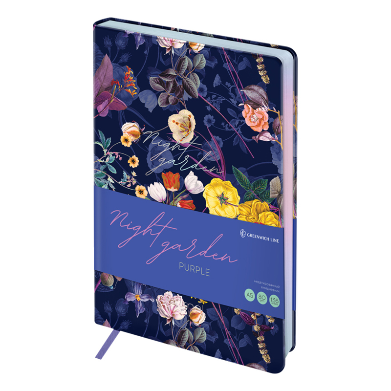 Ежедневник недатированный, А5, 136л., кожзам, Greenwich Line "Night garden. Purple", тон. блок ENA5_44977 342852