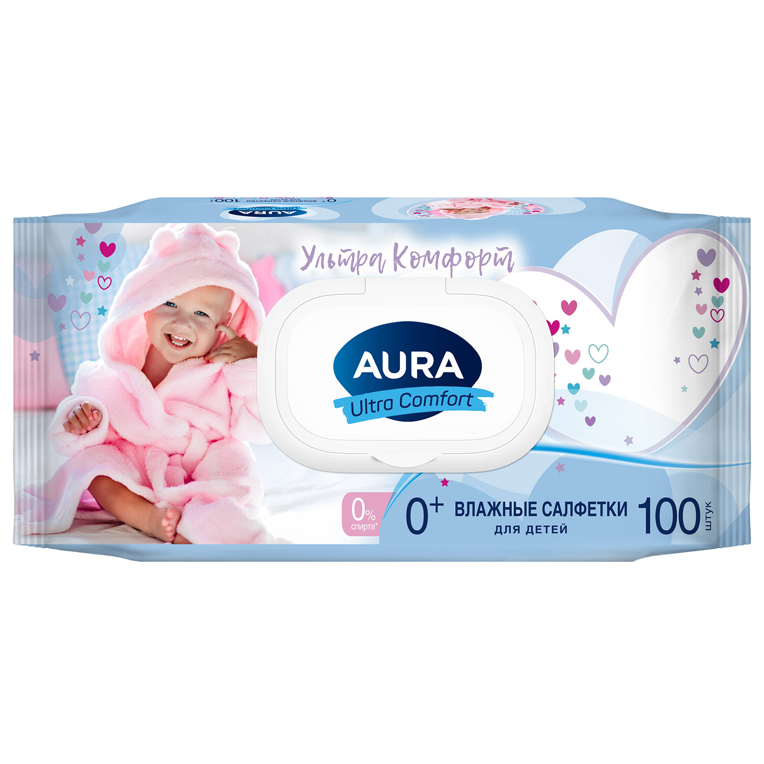 Салфетки влажные КОМПЛЕКТ 100шт,для детей AURA "Ultra comfort",гипоаллерген,без спирта,крышка клапан 127500