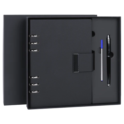 Ежедневник на кольцах в наборе с ручкой А5, 165x229 мм, BRAUBERG "Lux", под кожу, 100 листов, черный, 116856