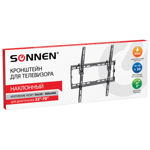 Кронштейн-крепление для ТВ настенный, до 45 кг, VESA 50х50-400х400, 32"-70", черный, SONNEN, 455949 - МСК «Форвард»