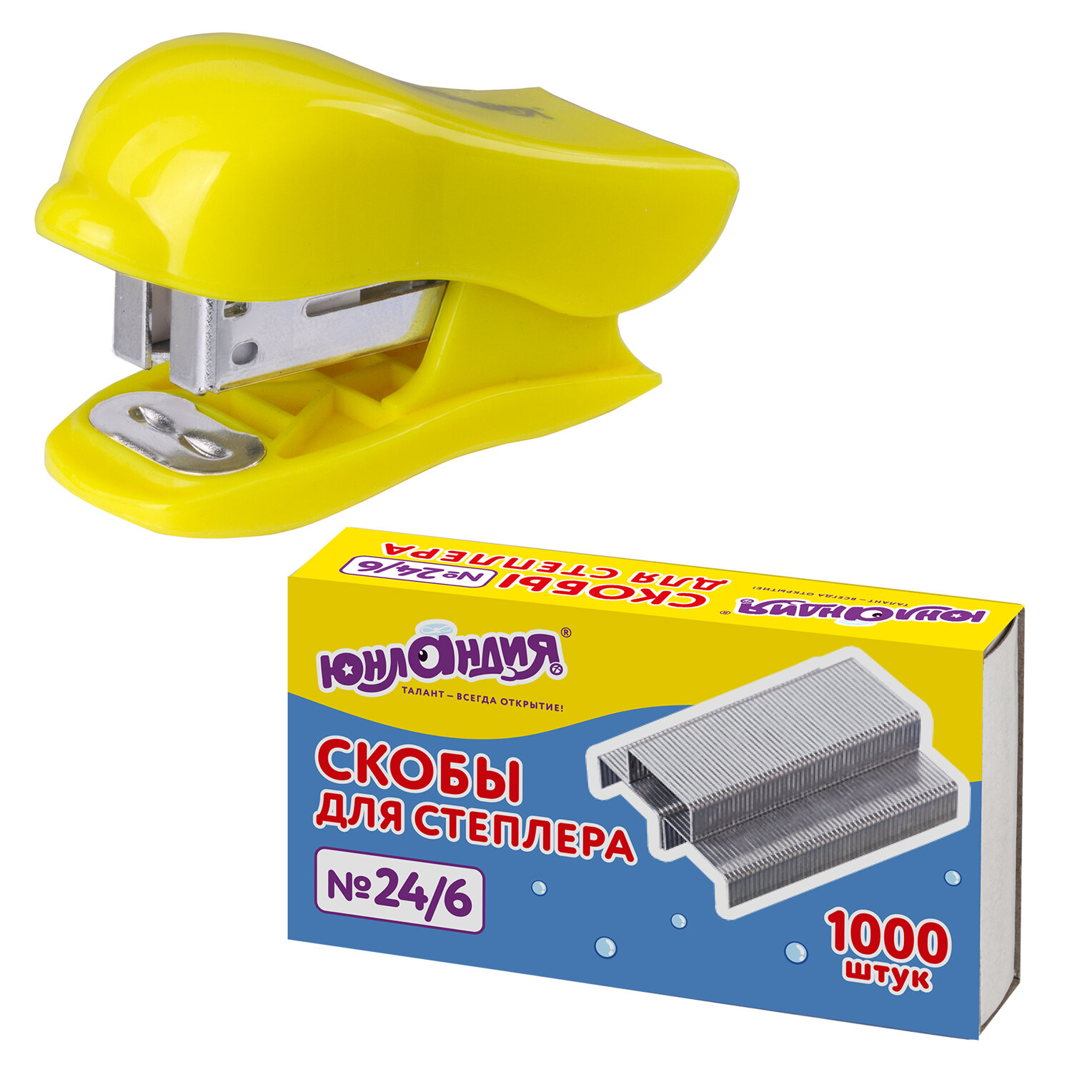 Степлер №24/6, 26/6 МИНИ ЮНЛАНДИЯ "Дельфин", до 20 л + скобы 24/6 1000шт, ассорти, блистер,228597