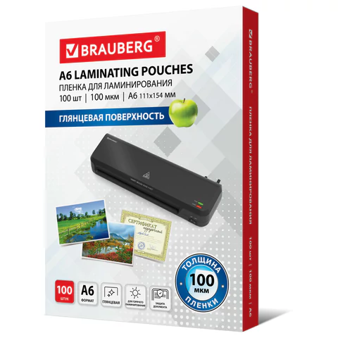 Пленки-заготовки д/ламинирования МАЛОГО ФОРМАТА, А6, КОМПЛЕКТ 100шт, 100 мкм, BRAUBERG, 531785