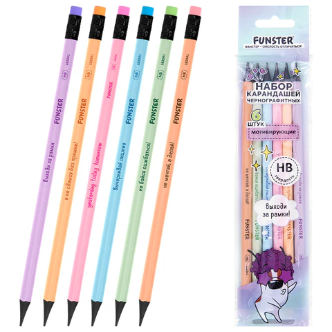 Набор карандашей чернографитных с мотивирующей надписью FUNSTER (ФАНСТЕР) FUNNY NOTES PSTL, 6 штук, HB, с ластиком, 182041
