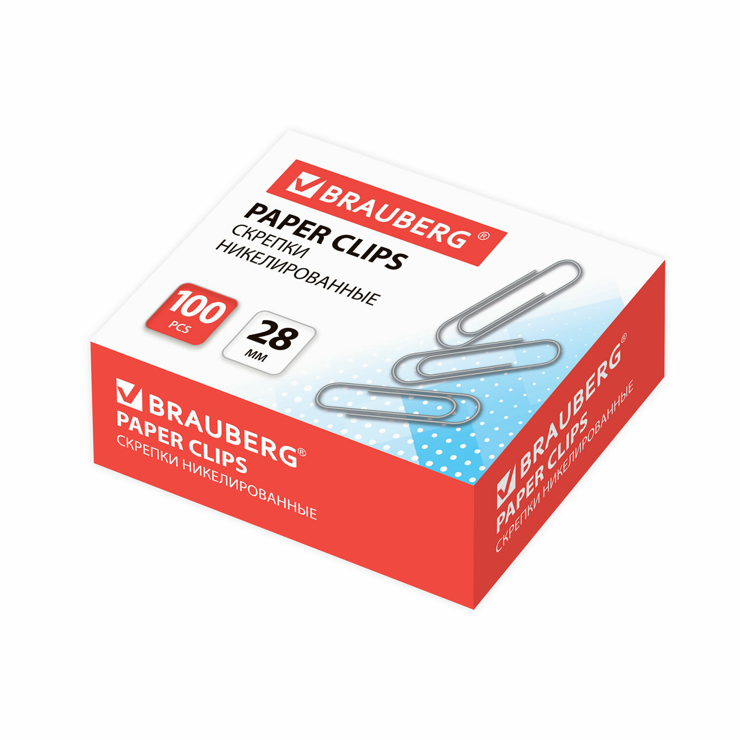 Скрепки BRAUBERG 28 мм никелированные, 100 шт., в картонной коробке, РОССИЯ, 221523