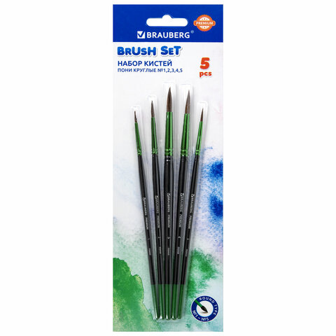 Кисти BRAUBERG PREMIUM, набор 5 шт. (из ворса пони круглые № 1, 2, 3, 4, 5), блистер, 201022 - МСК «Форвард»