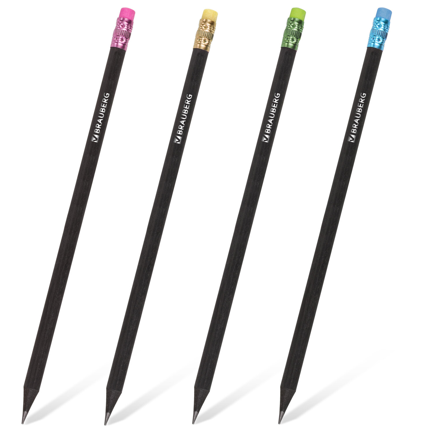 Карандаш чернографитный BRAUBERG, 1 шт., "Black Wood", НВ, с ластиком ассорти, чер дер, заточ,180629