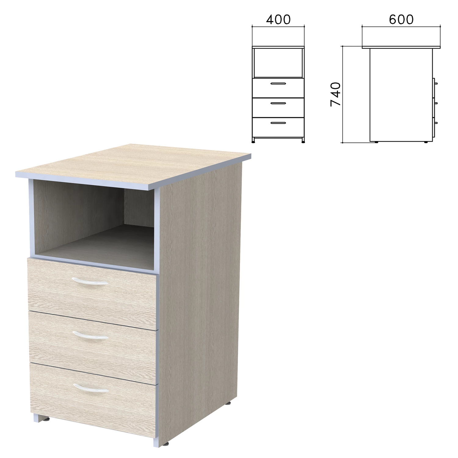 Тумба приставная "Бюджет" (ш400*г600*в740 мм), 3 ящика, полка, дуб шамони свет.430, 402657, 640630