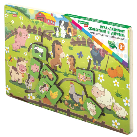 Игра-лабиринт деревянная развивающая "Животные в деревне", с бегунками, BRAUBERG KIDS, 665264 - МСК «Форвард»