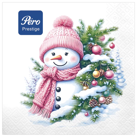 Салфетки бумажные 20 шт., 33х33 см, КОМПЛЕКТ 12ШТ "Милый снеговик", 3-слойные, PERO "Prestige", 2999 116636