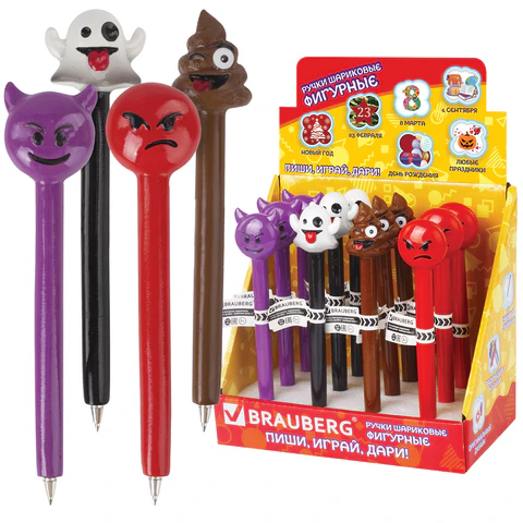 Ручка фигурная "СМАЙЛИКИ МИКС-2", КОМПЛЕКТ 12ШТ СИНЯЯ, 4 дизайна ассорти, 0,5мм, дисплей, BRAUBERG, 142772