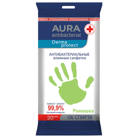 Салфетки влажные 20 шт., AURA, антибактериальные, 10036 117680 - МСК «Форвард»
