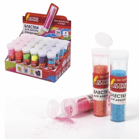 Блестки для декора (глиттер) ОСТРОВ СОКРОВИЩ, НЕОН, 7 грамм, КОМПЛЕКТ 24шт ассорти, в дисплее, 662219