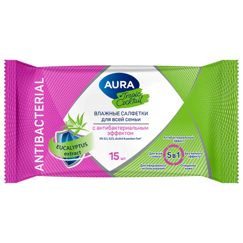 Салфетки влажные 15 шт., AURA Tropic Cocktail, c антибактериальным эффектом, 10388 117677