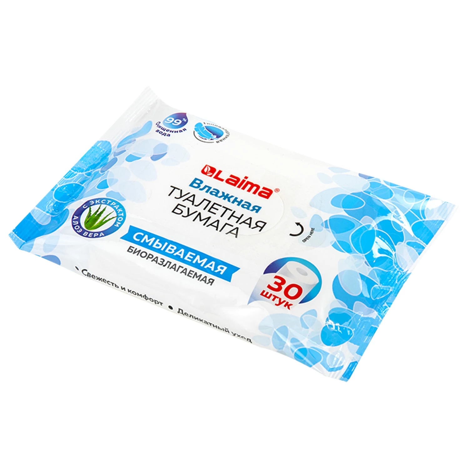 Бумага туалетная влажная 30 шт, БИОРАЗЛАГАЕМАЯ, смываемая, с экстрактом алоэ вера, LAIMA, 128082