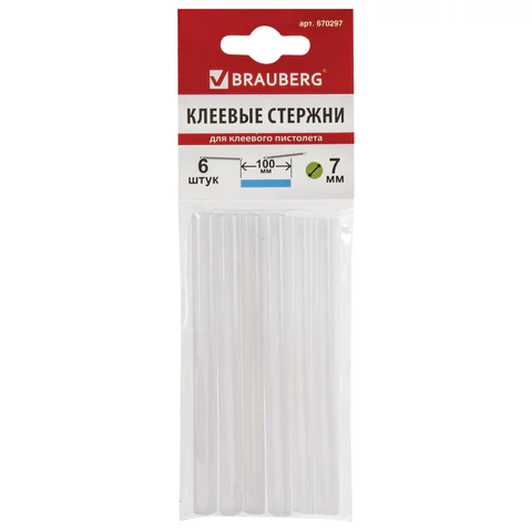 Клеевые стержни, диаметр 7мм, длина 100мм, белые, КОМПЛЕКТ 6 штук, BRAUBERG, европодвес, 670297