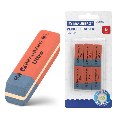 Ластики BRAUBERG "Ultra" НАБОР 6 шт., размер ластика 41*14*8мм, красно-синие, натур. каучук, 229599