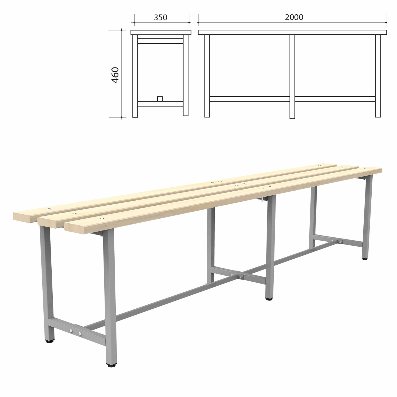 Скамья деревянная на металлокаркасе СТ 4 (ш2000*г350*в460мм), 532530