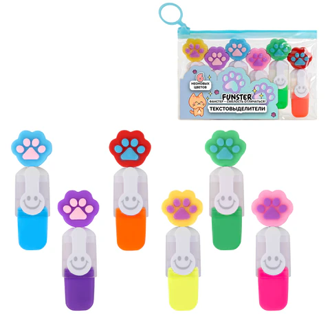 Набор текстовыделителей с топперами 6 ЦВЕТОВ НЕОН, "ЛАПКИ", линия 1-4 мм, FUNSTER (ФАНСТЕР), 152645 - МСК «Форвард»