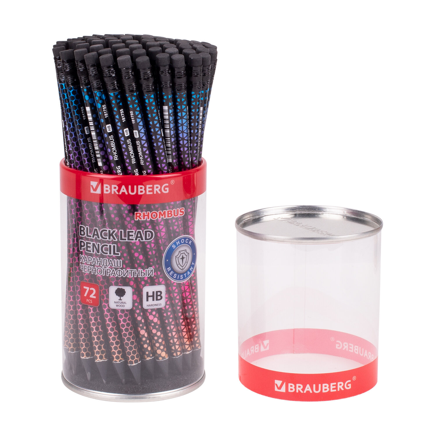Карандаш чернографитный BRAUBERG "RHOMBUS", 1 шт., HB, с ластиком, корпус ассорти, 181755