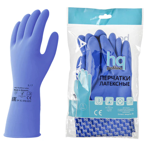 Перчатки латексные КЩС, сверхпрочные, плотные, хлопковое напыление, размер 7, S (малый), синие, HQ Profiline, 74733 608757