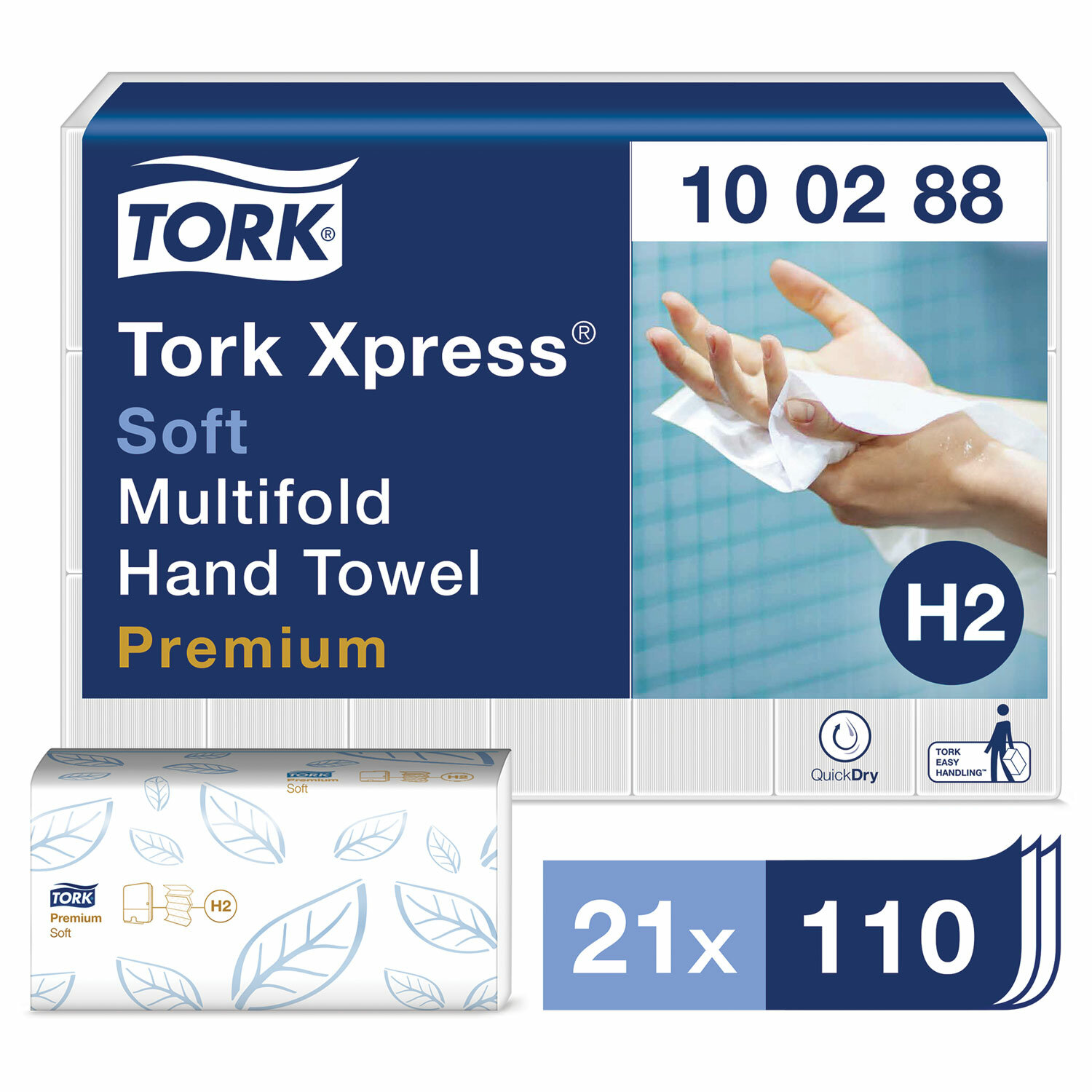 Полотенца бум. 110шт, TORK (Система H2) Premium, КОМПЛЕКТ 21шт, 2сл, белые, 21х34, Interfold, 100288 124550