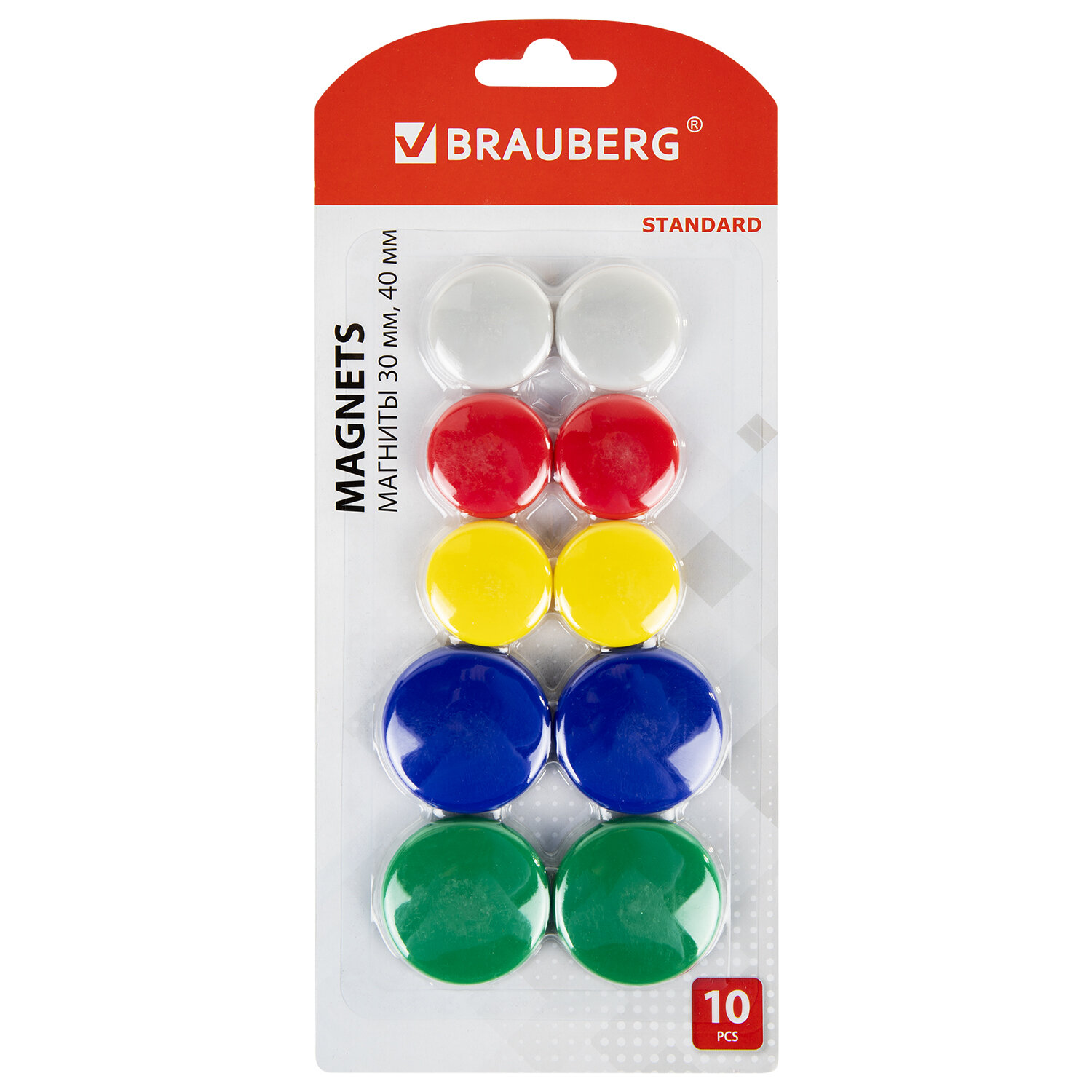 Магниты BRAUBERG STANDARD, НАБОР 30 мм - 6 шт, 40 мм - 4 шт, ассорти, 237471