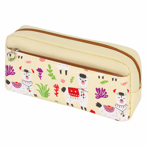 Пенал-косметичка ЮНЛАНДИЯ, 2 отделения, мягкий, "Ламы", бежевый, 20х6х9 см, 228981