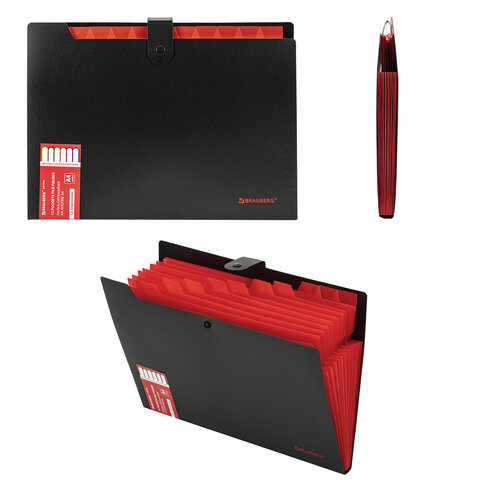Папка-органайзер на кнопке 12 отделений, BRAUBERG "Extra", А4, черная с красным, 271934 - МСК «Форвард»
