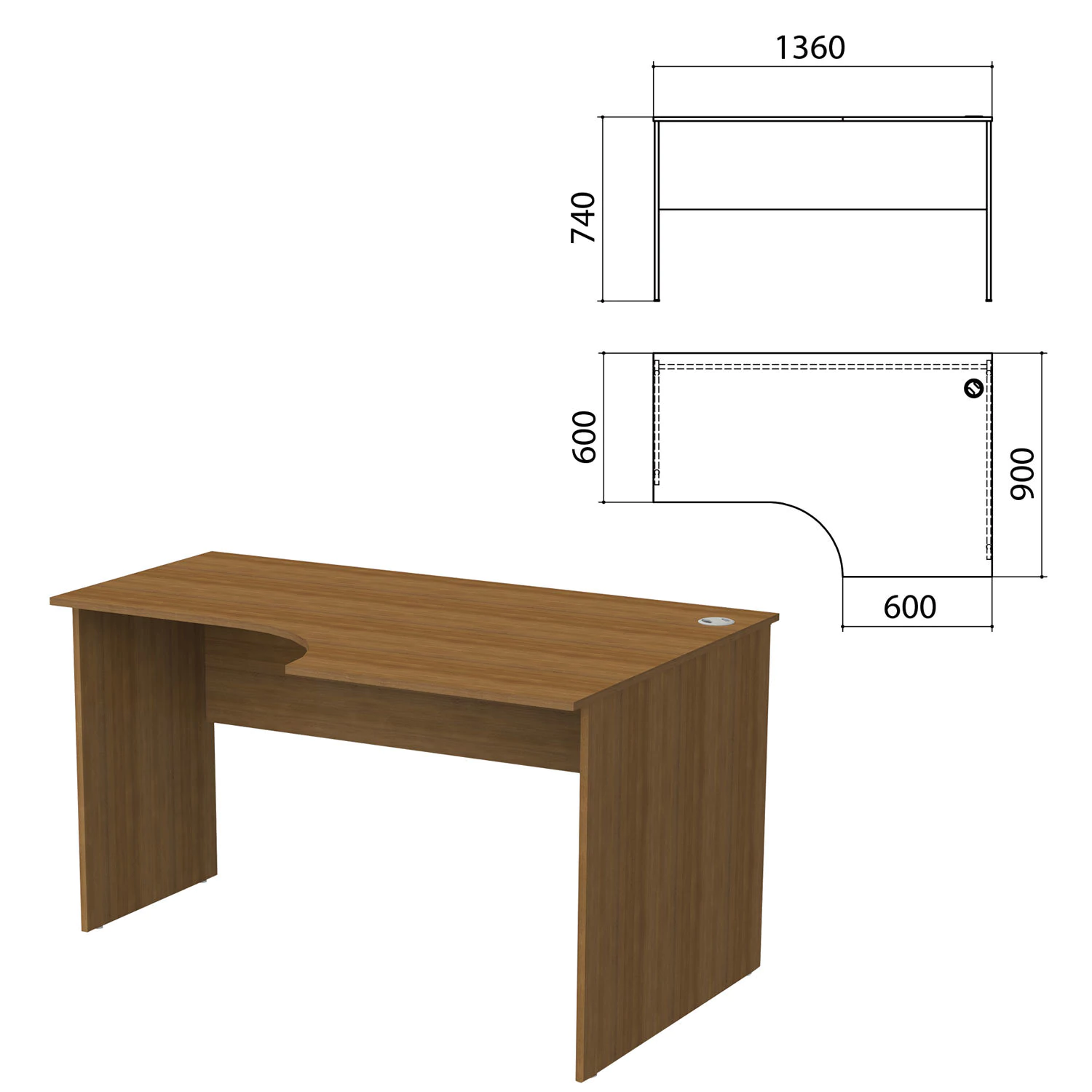 Стол письменный эргоном."Бюджет" (ш1360*г900*в740 мм), правый, орех 190, 402663, 402663-19 641157