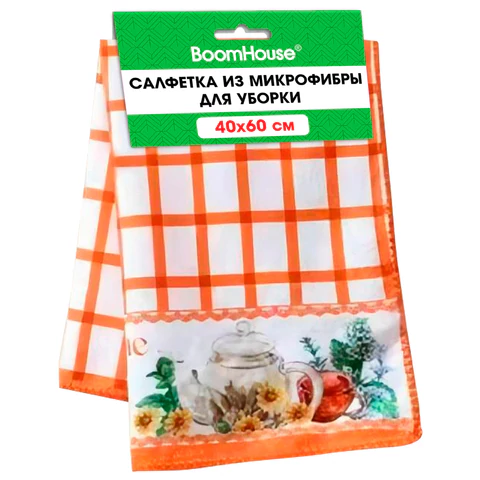 Салфетка из МИКРОФИБРЫ универсальная, 40х60 см, оранжевая клетка, орнамент, 240 г/м2, BOOMHOUSE (БУМХАУС), 700877 - МСК «Форвард»