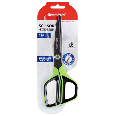 Ножницы BRAUBERG "JET Special", салатовые, 210 мм, 3-сторонняя заточка, тефлоновое покрытие, 238852 - МСК «Форвард»