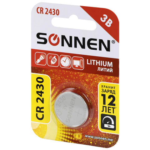 Батарейка литиевая SONNEN Lithium CR2430 "таблетка, дисковая, кнопочная" 1 шт., блистер, 455600 - МСК «Форвард»