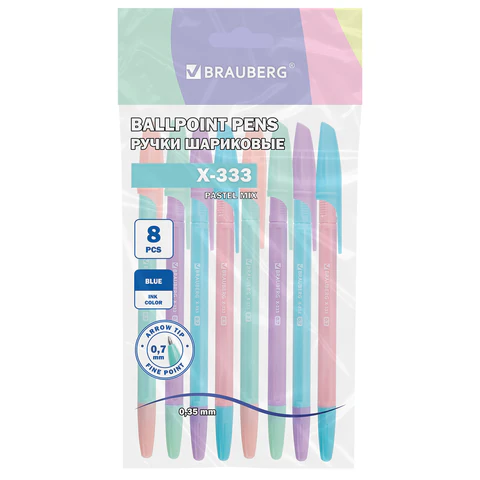 Ручки шариковые BRAUBERG "X-333 PASTEL MIX", НАБОР 8 ШТУК, СИНИЕ, узел 0,7 мм, линия письма 0,35 мм, 144535