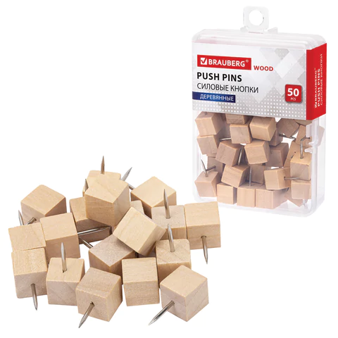 Силовые кнопки-гвоздики BRAUBERG WOOD, деревянные (кубики), 50 штук, 10 мм, 272762 - МСК «Форвард»