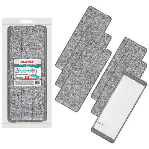 Насадки МОП для швабры (кармашки c 2-х сторон) КОМПЛЕКТ 6 шт., микрофибра, 33х12,5см, LAIMA, 608144