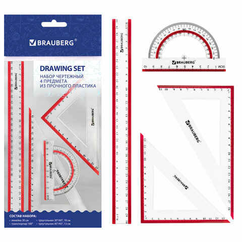 Набор чертежный большой BRAUBERG "Сrystal" (линейка 30см, 2 угольника,трансп.) выдел.шкала, 210297
