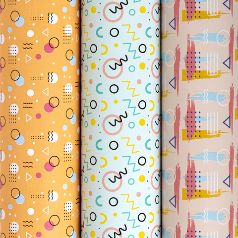 Бумага упаковочная мелованная НАБОР 3 шт., "Memphis", 70х100 см, 3 дизайна, ЗОЛОТАЯ СКАЗКА, 592067