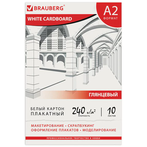 Картон белый БОЛЬШОГО ФОРМАТА, А2 МЕЛОВАННЫЙ, 10 листов, в папке, BRAUBERG, 400х590мм, 124764
