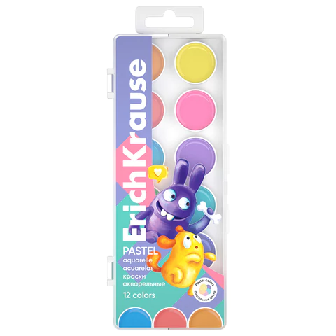 Краски акварельные ERICH KRAUSE "Jolly Friends Pastel", 12 цветов, пластиковый пенал, европодвес, 61370 192705