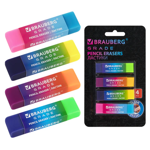 Ластики BRAUBERG GRADE НАБОР 4 штуки, размер ластика 60х15х10 мм, упаковка блистер, 271344 - МСК «Форвард»