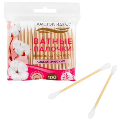Ватные палочки КОМПЛЕКТ 100 шт., бамбуковый стик, 100% хлопок, зип-лок, ЗОЛОТОЙ ИДЕАЛ, 116556 - МСК «Форвард»