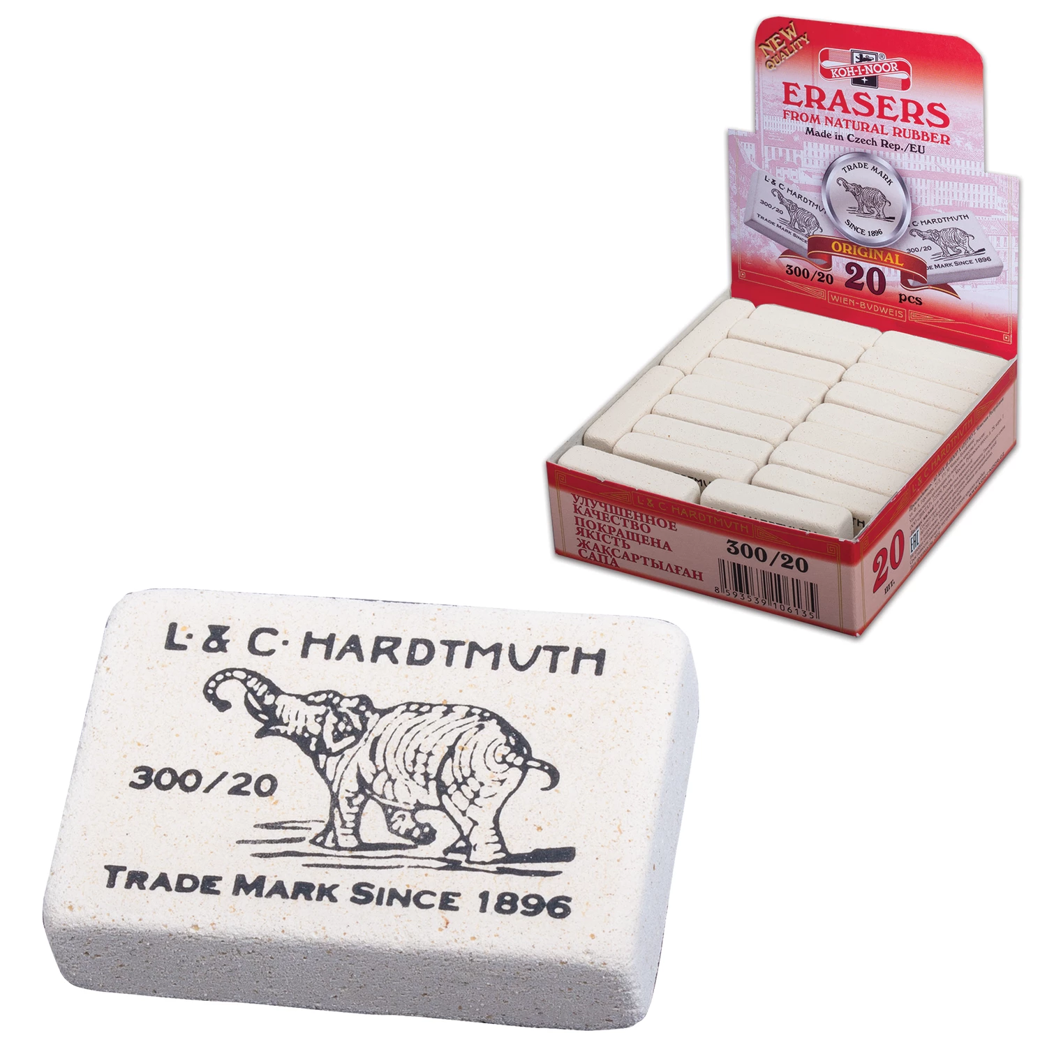 Ластик KOH-I-NOOR "Слон" 300/20, 45х32х12мм, белый, прямоугольный, натуральный каучук 0300020024KDRU 224322