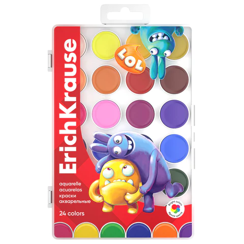 Краски акварельные ERICH KRAUSE "Jolly Friends", 24 цвета, пластиковый пенал, европодвес, 61368 192704