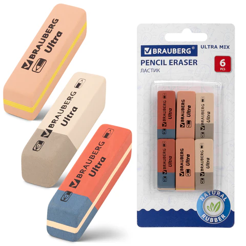 Ластики BRAUBERG "Ultra Mix" НАБОР 6 шт., размер ластика 41*14*8мм, ассорти, натур. каучук, 229602