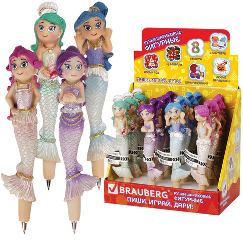 Ручка фигурная "РУСАЛОЧКИ-2", КОМПЛЕКТ 12ШТ СИНЯЯ, 4 дизайна ассорти, 0,5мм, дисплей, BRAUBERG, 142773