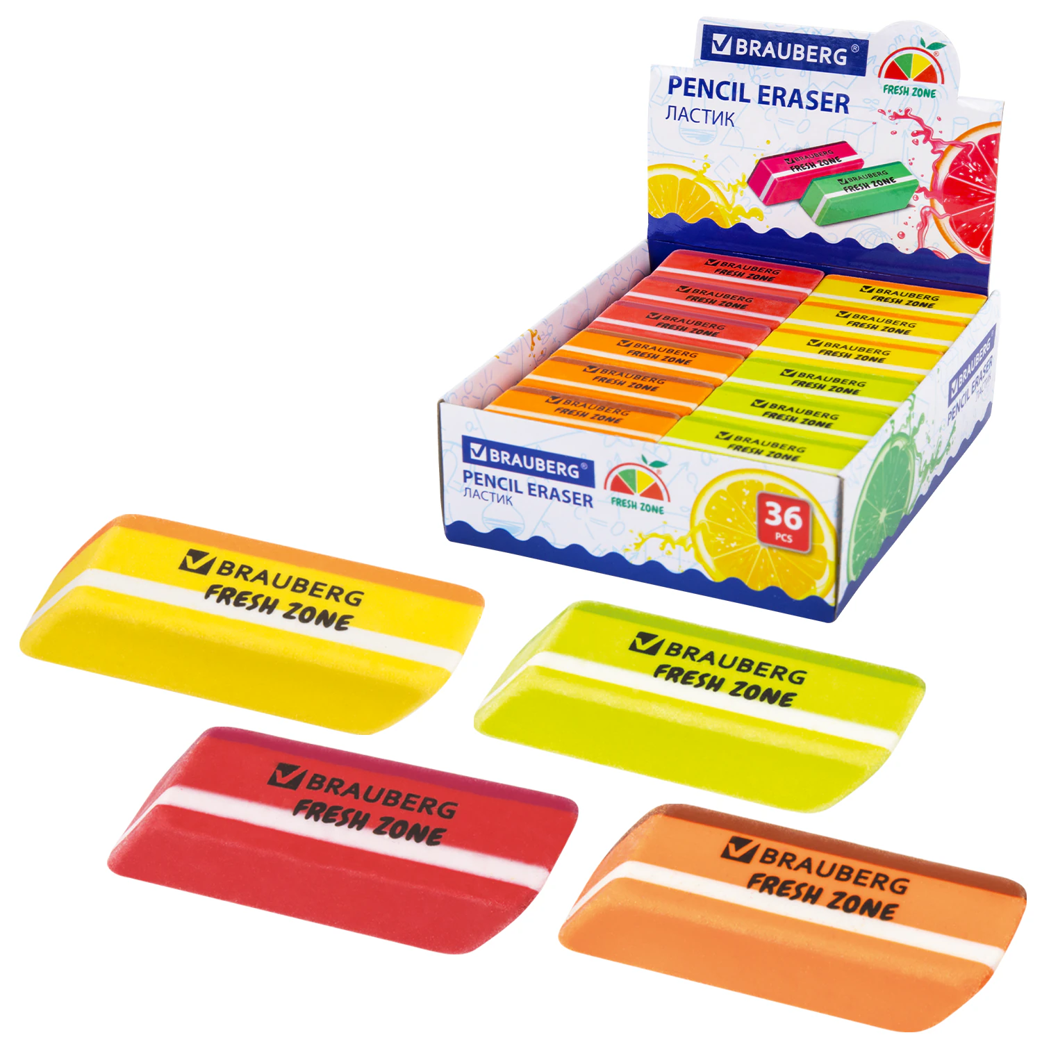 Ластик большой BRAUBERG "Fresh Zone", 60х18х12мм, цвет ассорти, прямоугольный, скошенный, 228717